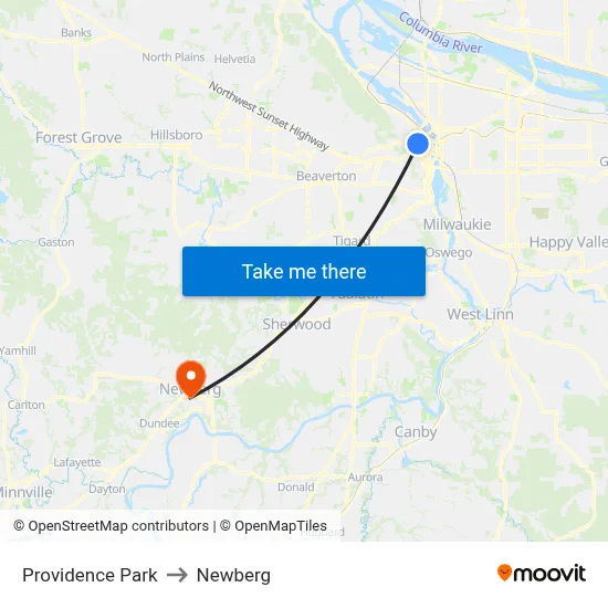 Providence Park to Newberg map