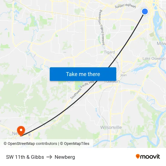 SW 11th & Gibbs to Newberg map