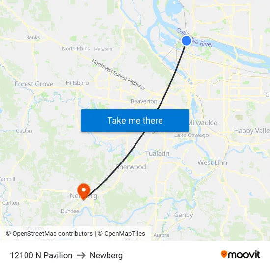 12100 N Pavilion to Newberg map