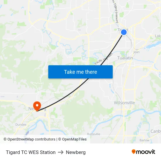 Tigard TC WES Station to Newberg map