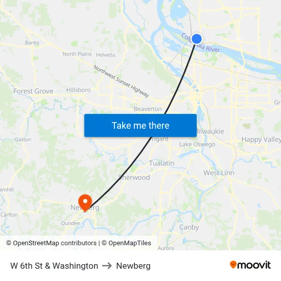 W 6th St & Washington to Newberg map