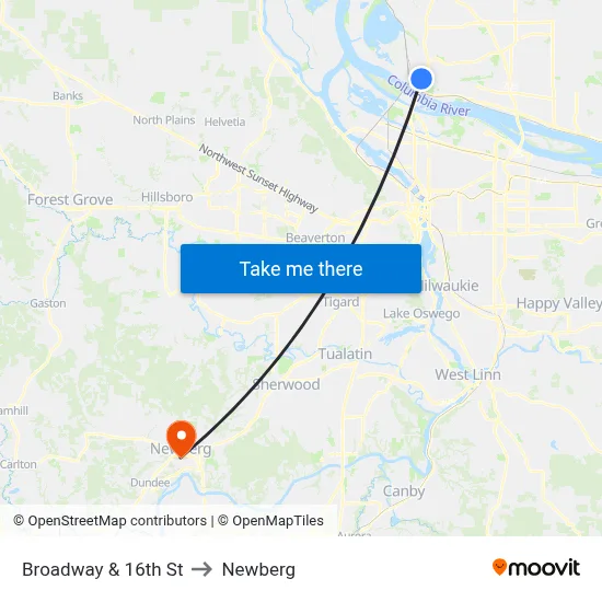 Broadway & 16th St to Newberg map