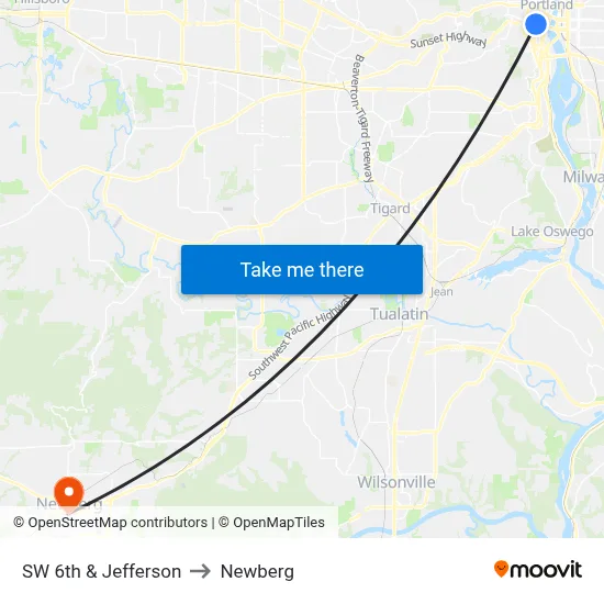 SW 6th & Jefferson to Newberg map