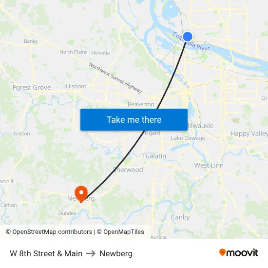W 8th Street & Main to Newberg map