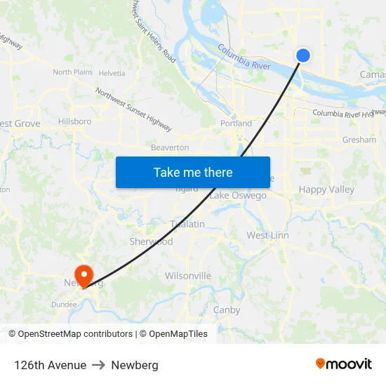 126th Avenue to Newberg map