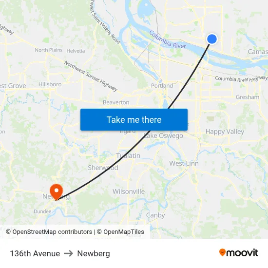 136th Avenue to Newberg map