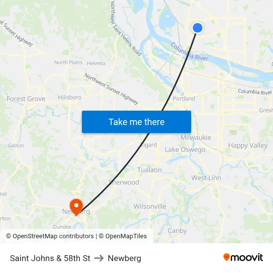 Saint Johns & 58th St to Newberg map