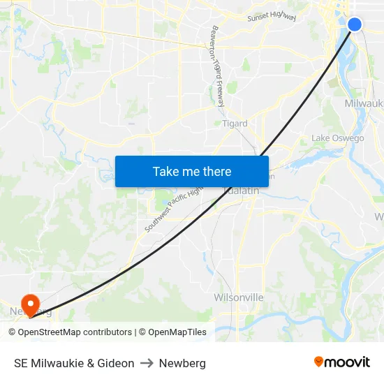 SE Milwaukie & Gideon to Newberg map