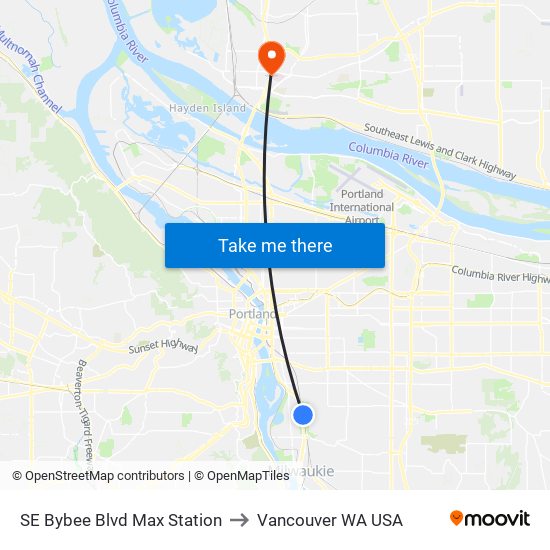 SE Bybee Blvd Max Station to Vancouver WA USA map