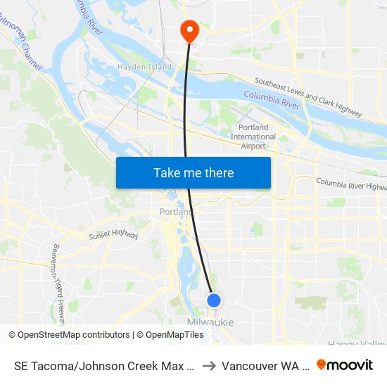 SE Tacoma/Johnson Creek Max Station to Vancouver WA USA map