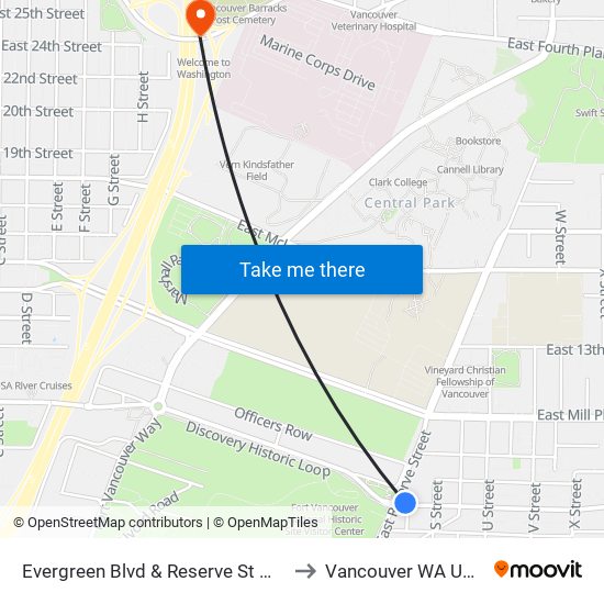 Evergreen Blvd & Reserve St WB to Vancouver WA USA map