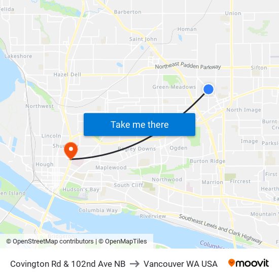 Covington Rd & 102nd Ave NB to Vancouver WA USA map