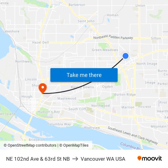 NE 102nd Ave & 63rd St NB to Vancouver WA USA map