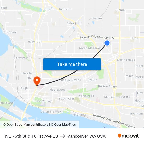 NE 76th St & 101st Ave EB to Vancouver WA USA map