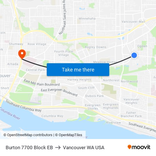 Burton 7700 Block EB to Vancouver WA USA map