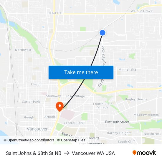 Saint Johns & 68th St NB to Vancouver WA USA map