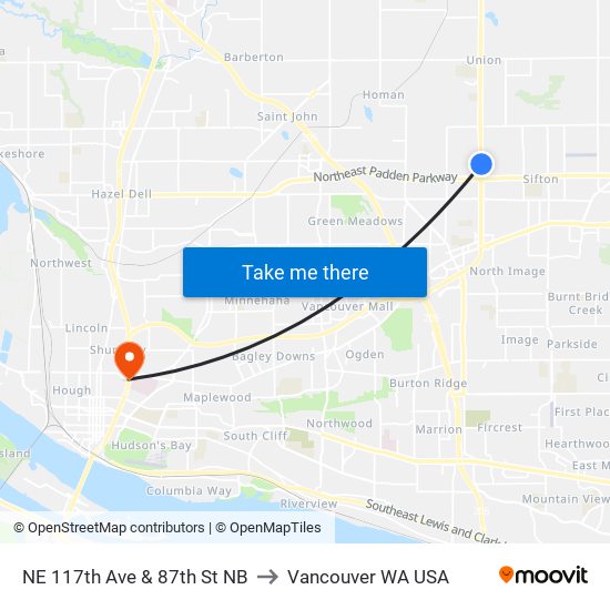 NE 117th Ave & 87th St NB to Vancouver WA USA map