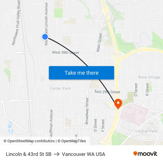 Lincoln & 43rd St SB to Vancouver WA USA map