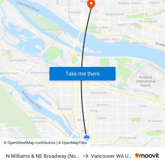 N Williams & NE Broadway (North) to Vancouver WA USA map