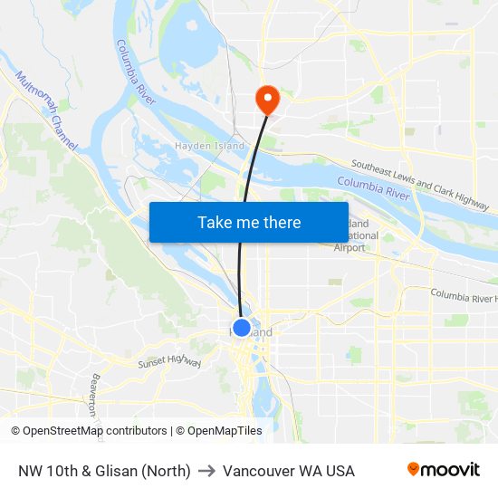 NW 10th & Glisan (North) to Vancouver WA USA map