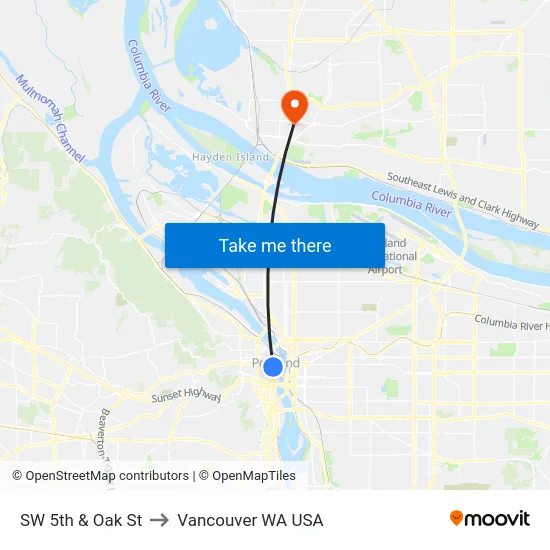 SW 5th & Oak St to Vancouver WA USA map
