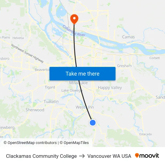 Clackamas Community College to Vancouver WA USA map