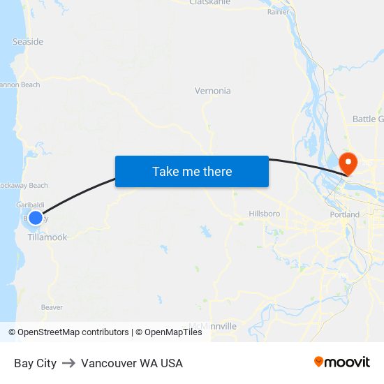 Bay City to Vancouver WA USA map