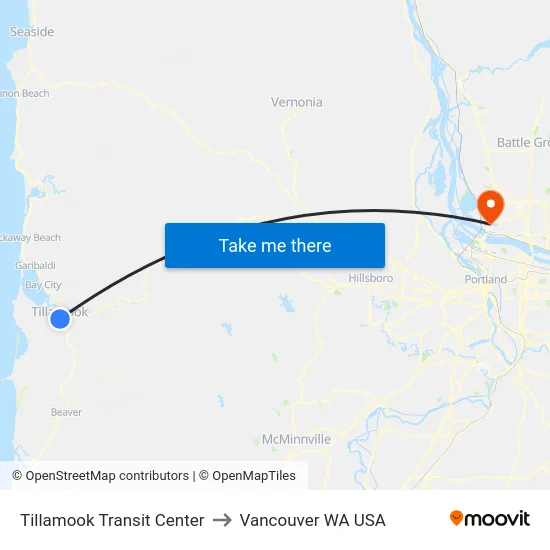 Tillamook Transit Center to Vancouver WA USA map