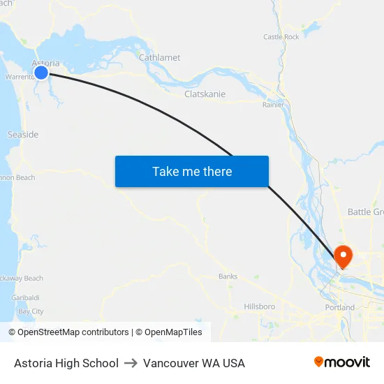 Astoria High School to Vancouver WA USA map