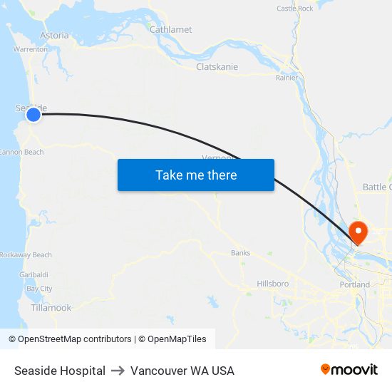 Seaside Hospital to Vancouver WA USA map