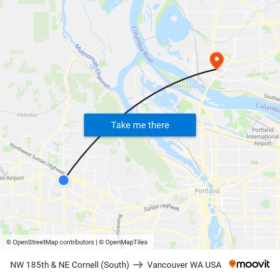 NW 185th & NE Cornell (South) to Vancouver WA USA map
