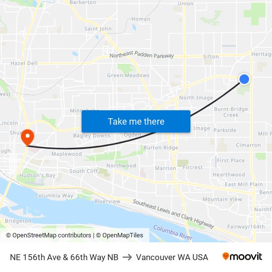 NE 156th Ave & 66th Way NB to Vancouver WA USA map