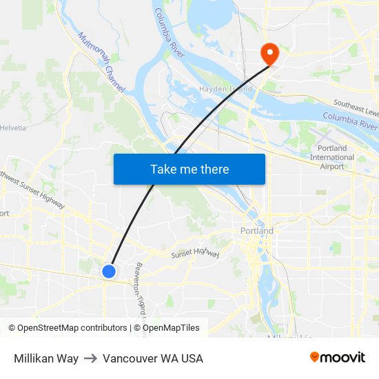 Millikan Way to Vancouver WA USA map