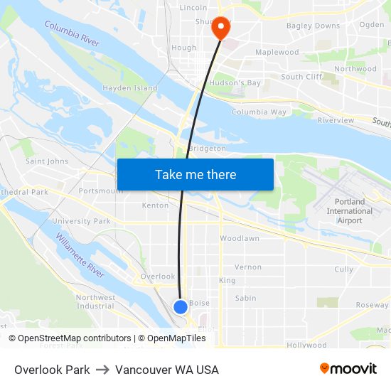 Overlook Park to Vancouver WA USA map