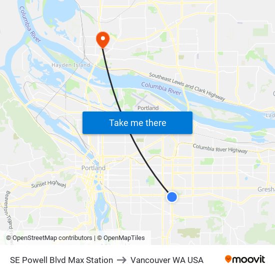SE Powell Blvd Max Station to Vancouver WA USA map