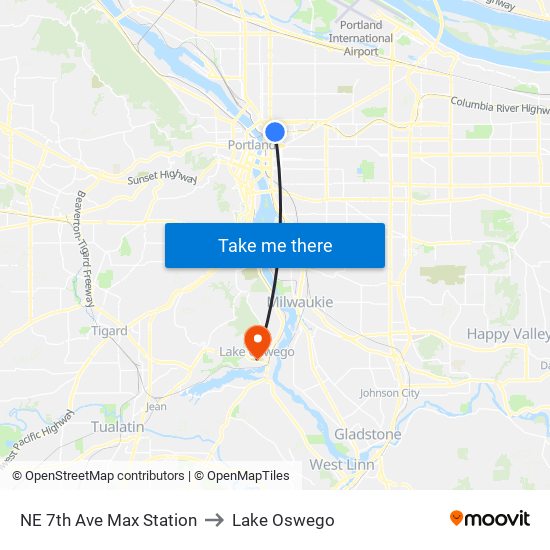 NE 7th Ave Max Station to Lake Oswego map