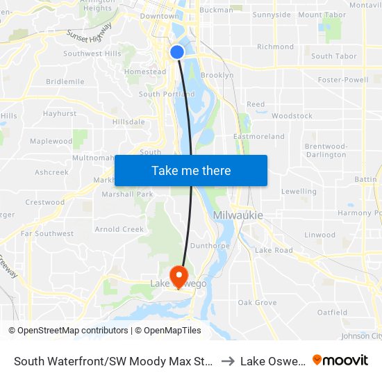 South Waterfront/SW Moody Max Station to Lake Oswego map