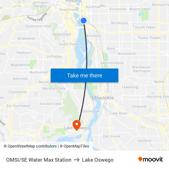 OMSI/SE Water Max Station to Lake Oswego map