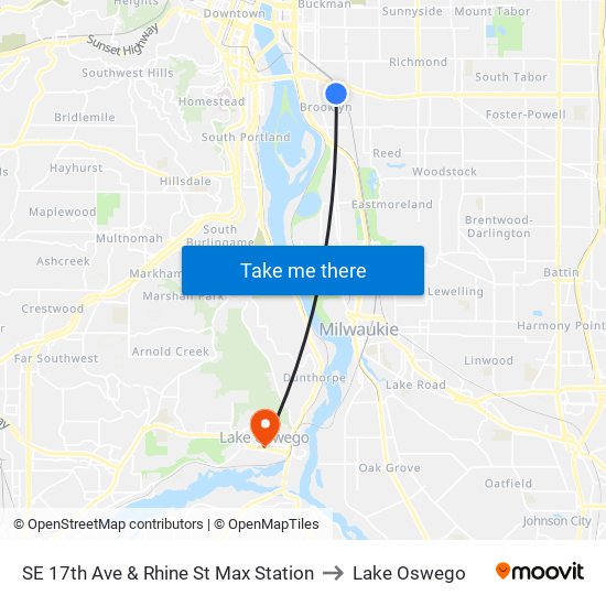 SE 17th Ave & Rhine St Max Station to Lake Oswego map