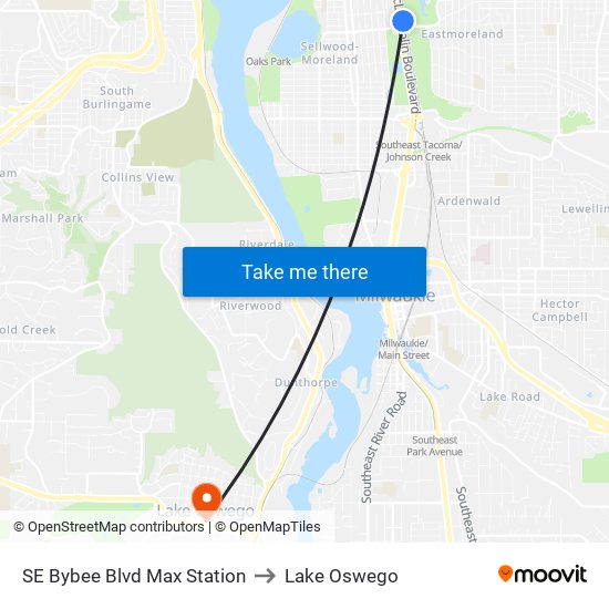 SE Bybee Blvd Max Station to Lake Oswego map