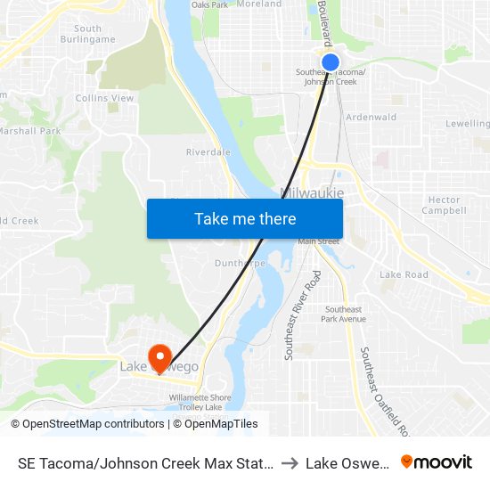 SE Tacoma/Johnson Creek Max Station to Lake Oswego map