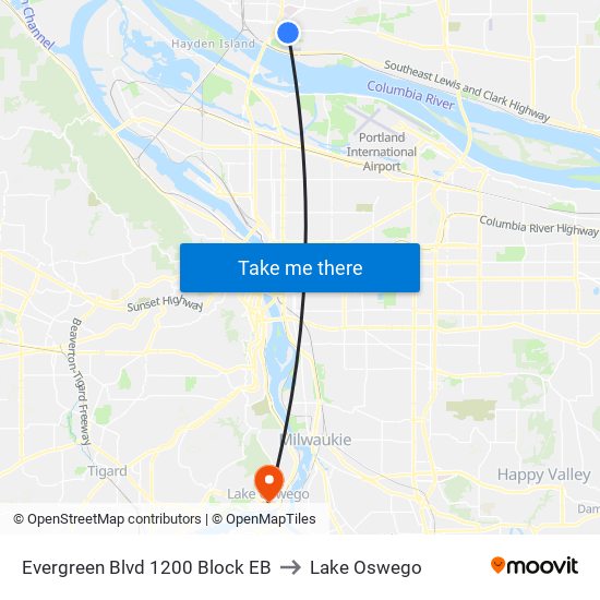 Evergreen Blvd 1200 Block EB to Lake Oswego map