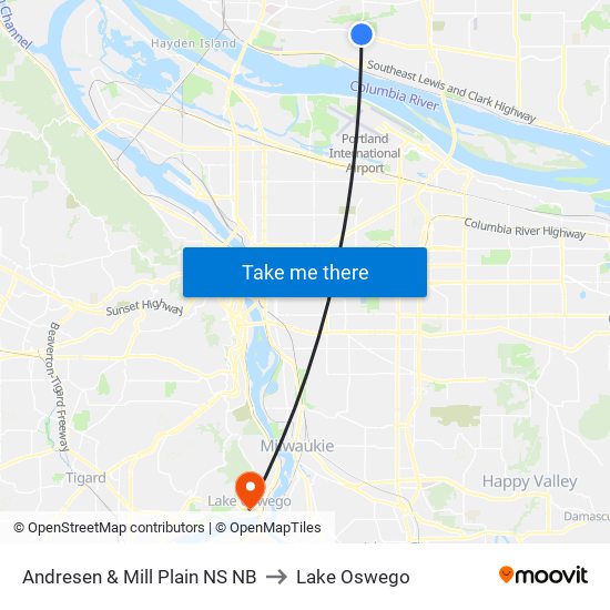 Andresen & Mill Plain NS NB to Lake Oswego map