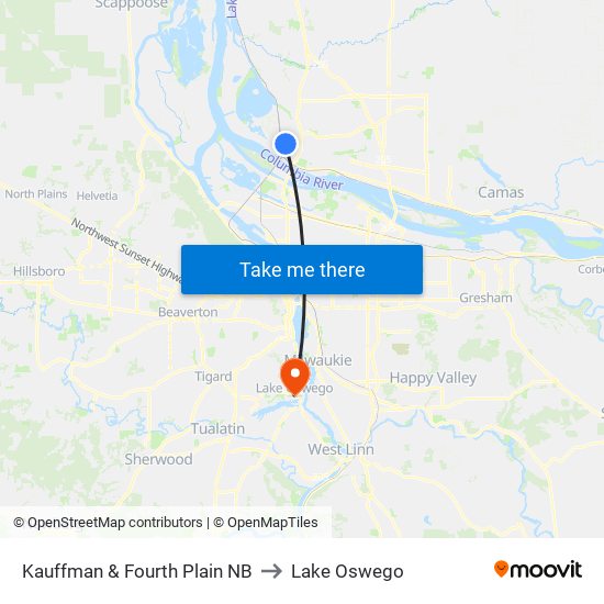Kauffman & Fourth Plain NB to Lake Oswego map