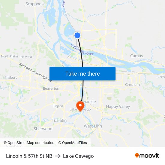 Lincoln & 57th St NB to Lake Oswego map