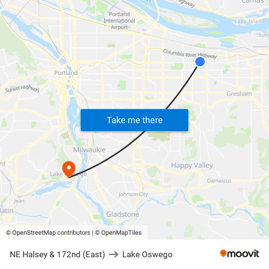 NE Halsey & 172nd (East) to Lake Oswego map