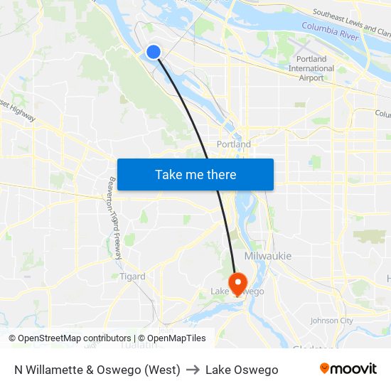 N Willamette & Oswego (West) to Lake Oswego map