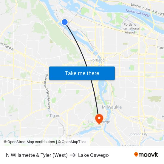 N Willamette & Tyler (West) to Lake Oswego map