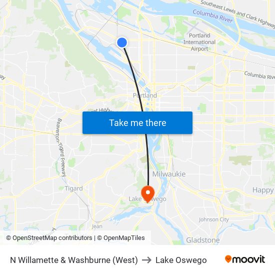 N Willamette & Washburne (West) to Lake Oswego map