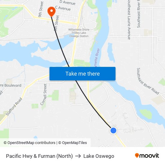 Pacific Hwy & Furman (North) to Lake Oswego map